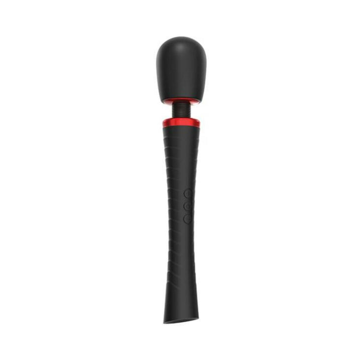Black and red handheld massager with flexible head and textured grip handle for powerful vibrations.