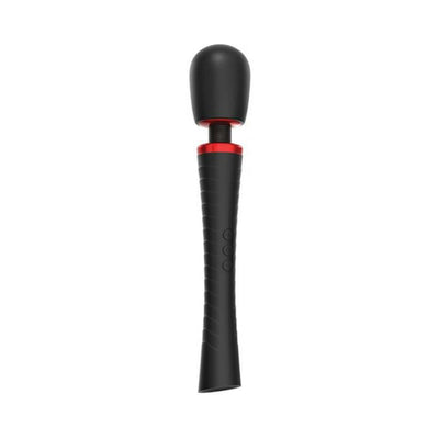 Black and red handheld massager with flexible head and textured grip handle for powerful vibrations.