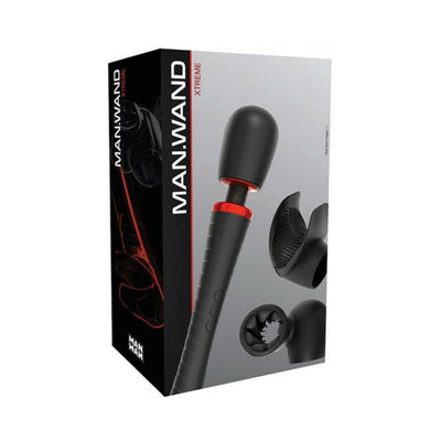 Packaging box of Man Wand Xtreme with image of black and red wand massager and interchangeable textured attachments.