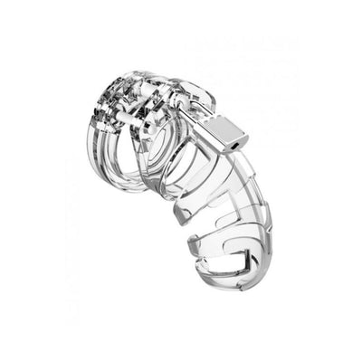 Transparent polycarbonate 3.5-inch chastity cage with secure locking mechanism and ventilation slots.