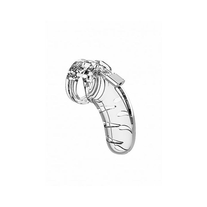 Transparent polycarbonate chastity cage with adjustable rings and secure locking mechanism.