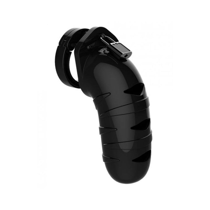 Black polycarbonate Mancage Model 05 chastity cage with ventilation slots and locking mechanism.