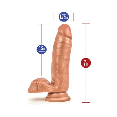 Realistic tan silicone dildo with suction base showing 7-inch length and 1.75-inch width measurements.
