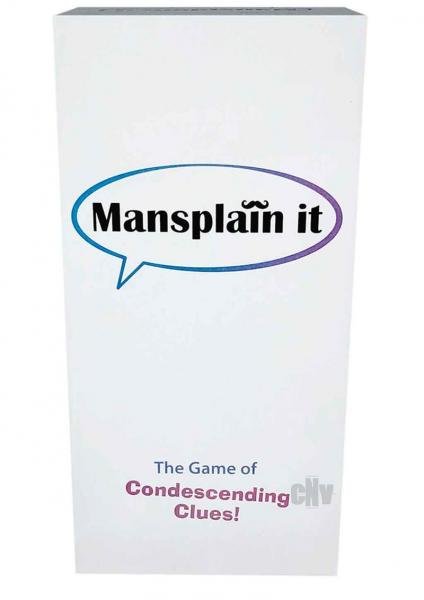 Mansplain It party game box with speech bubble logo and tagline The Game of Condescending Clues on white background.