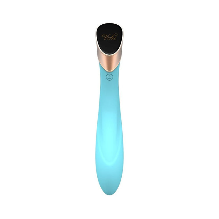 Blue Manto Touch Panel G-spot vibrator with sleek curved silicone body and rose gold accent on top