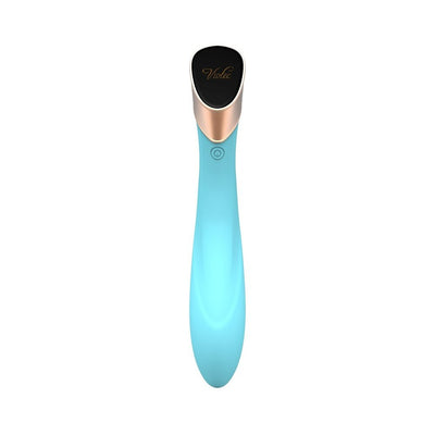 Blue Manto Touch Panel G-spot vibrator with sleek curved silicone body and rose gold accent on top