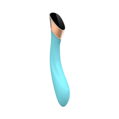 Blue curved G-spot vibrator with a sleek black and rose gold touch panel base.