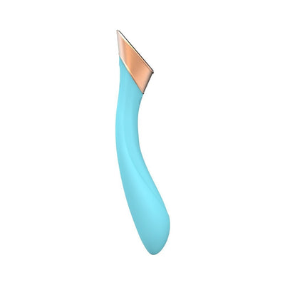 Blue curved G-spot vibrator with rose gold touch panel base, sleek silicone body, and ergonomic design.