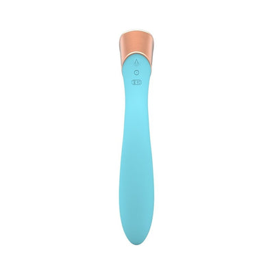 Sleek blue silicone Manto Touch Panel G-spot vibrator with rose gold accent and intuitive control buttons on handle.