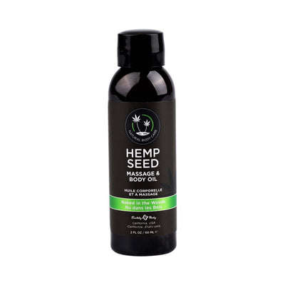 2 oz bottle of Earthly Body Hemp Seed Massage and Body Oil in Naked in the Woods scent with black and green label