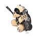 Small plush teddy bear keychain with light peach fur, black faux leather harness, eye mask, and mini flogger accessory.