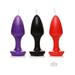 Set of three butt plug shaped candles in purple, black, and red with wicks for wax play.