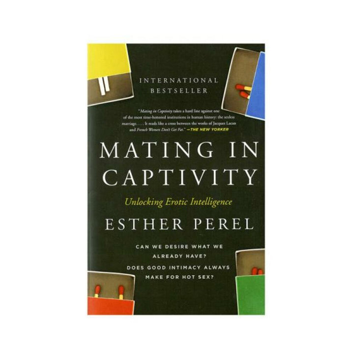 Cover of the book Mating in Captivity by Esther Perel with a dark background and colorful matchboxes in the corners.