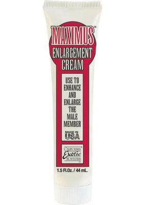 Tube of Maximus Enlargement Cream 1.5 fl oz with red and black label for male enhancement.