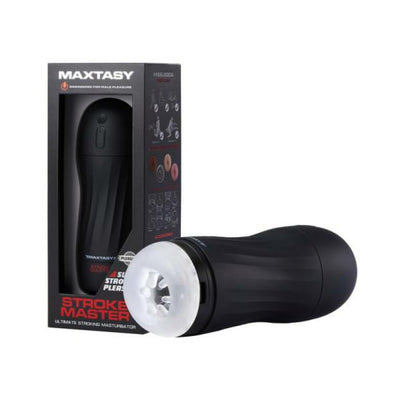 Maxtasy Stroke Master Standard male stroking device in black with clear textured sleeve and packaging box.