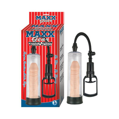 Maxx Gear clear vacuum pump with black handle and flexible hose, shown with packaging on white background.
