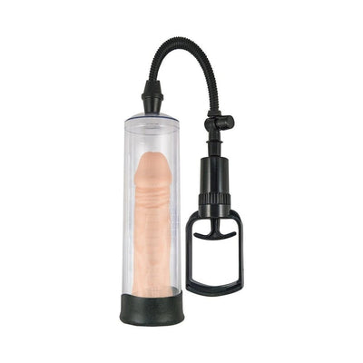 Clear vacuum pump with black ergonomic handle and pressure release valve, featuring a flesh-toned insertable cylinder.