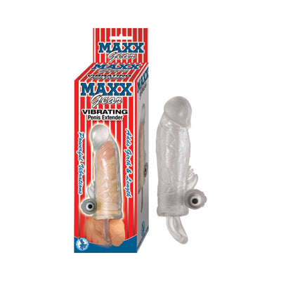 Maxx Gear Vibrating Penis Extender in clear material with packaging showing product features and branding.