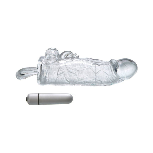 Clear textured vibrating penis extender with removable bullet vibrator on white background.