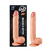 Beige 11-inch realistic straight dildo with suction base and detailed texture shown with packaging and standalone view.