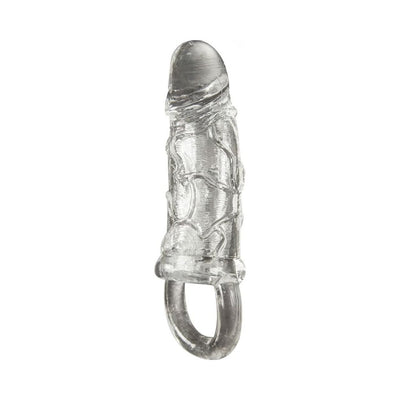 Clear textured compact penis sleeve with ring base for secure fit, designed to enhance size and stimulation.