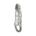 Clear textured compact penis sleeve with ring base for secure fit, designed to enhance size and stimulation.