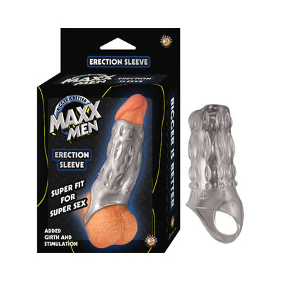 Maxx Men clear textured erection sleeve with added girth and stimulation shown next to its black packaging box.