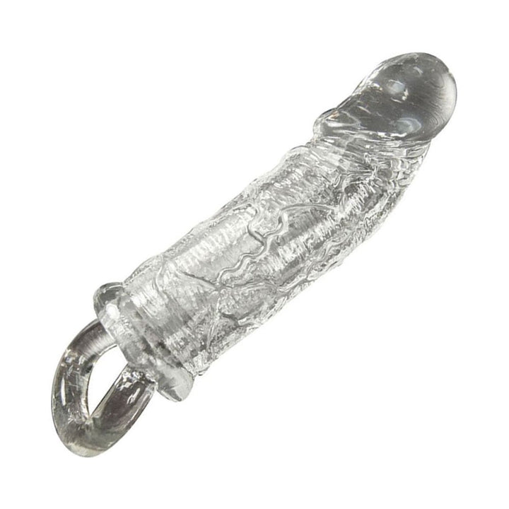 Clear textured penis sleeve with secure ring base for enhanced fit and comfort.