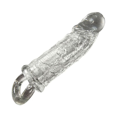 Clear textured penis sleeve with secure ring base for enhanced fit and comfort.