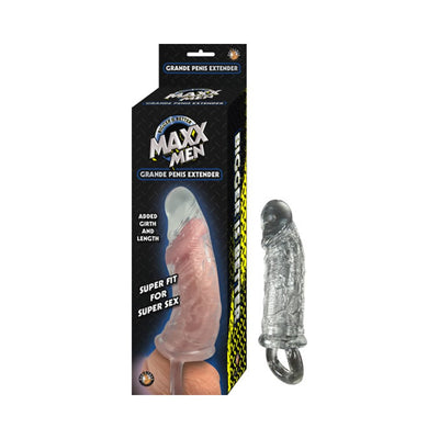 Clear textured Maxx Men Grande Penis Sleeve with secure ring, shown next to its black and yellow packaging box.