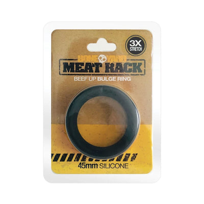 Boneyard Meat Rack black silicone cock ring in retail packaging with 3X stretch and 45mm size details.