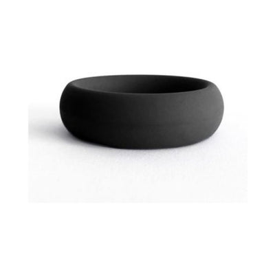 Black flexible silicone cock ring with a smooth, thick band design for enhanced comfort and performance.