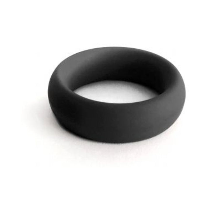 Black flexible silicone cock ring with a thick, smooth band and matte finish.