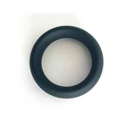 Black thick silicone cock ring with smooth surface and circular shape on white background.