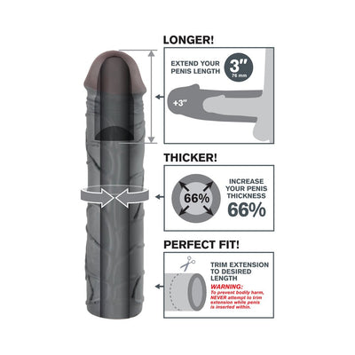 Diagram showing Mega 3 inches Penis Extension features: adds 3 inches length, increases thickness by 66%, and can be trimmed for perfect fit.