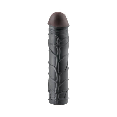 Black textured penis extension sleeve with realistic head and vein details on a white background.