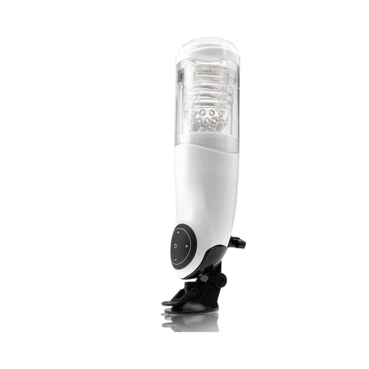 White and transparent Mega Bator rechargeable stroker with control buttons and suction cup base on a white background.