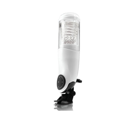 White and transparent Mega Bator rechargeable stroker with control buttons and suction cup base on a white background.