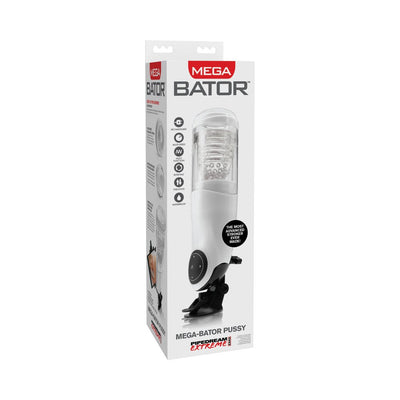 Packaging box of Mega Bator Rechargeable Stroker with suction base and control buttons visible.