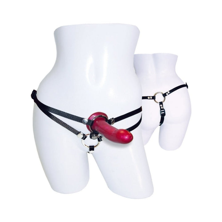 Black adjustable double penetration harness with red silicone dildo displayed on white mannequin torso from front and back views.