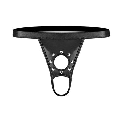 Men's black open front thong with circular cutout and silver stud accents in L/XL size.