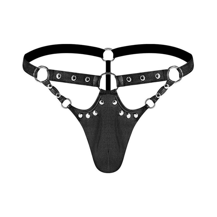 Black nylon and spandex front ring G-string with metal rings and studded detailing.