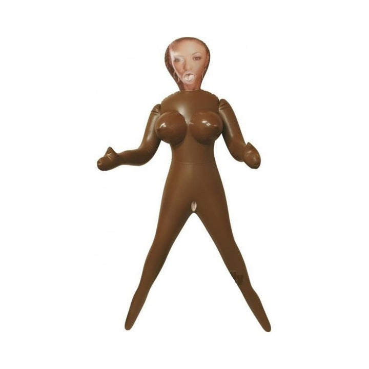 Full-size brown inflatable love doll with printed facial features and exaggerated body shape.