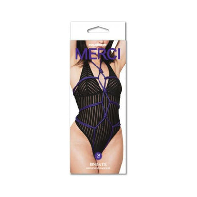 Packaging of Merci Bind&tie 6mm violet hemp bondage rope showing a model wearing the rope in an intricate body harness style.