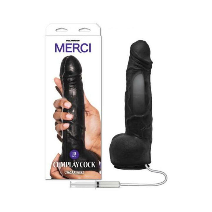 Black 10-inch dual density realistic dildo with removable suction cup and handheld syringe for squirting, shown with packaging.