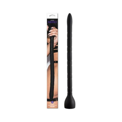 Black premium silicone anal snake with tapered tip and ridged texture, shown next to its packaging featuring a model.
