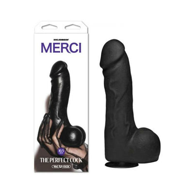Black 10.5-inch lifelike dildo with suction cup base displayed next to its Merci branded packaging box.