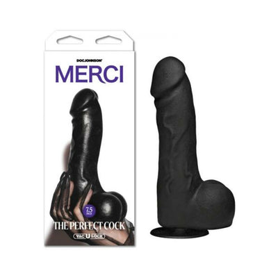 Black 7.5-inch lifelike dildo with suction cup base next to its Merci branded packaging box.