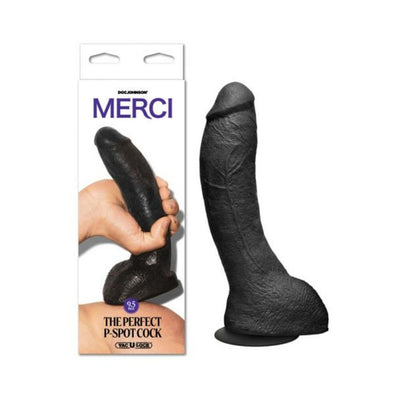 Black lifelike prostate stimulator with suction cup base shown next to its packaging box.