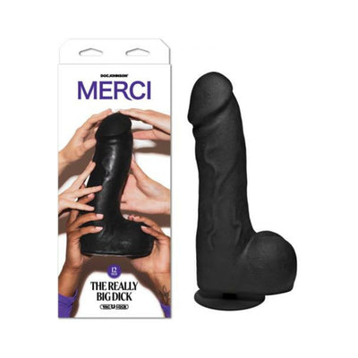 Black lifelike large dildo with suction cup and packaging showing multiple hands holding the product.